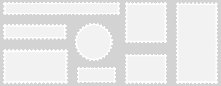 Blank postage stamp set vector outline collection. Empty perforated border frame template in multiple shapes. Clean postal label design element for philately use.
