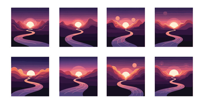 Set of pixel art sunset landscapes with a winding river and sun in a colorful evening sky