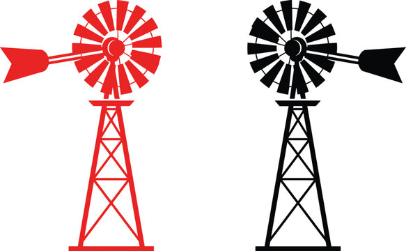 Old rustic windmill tower icon, vintage farm wind pump, water well silhouette, traditional mill emblem.