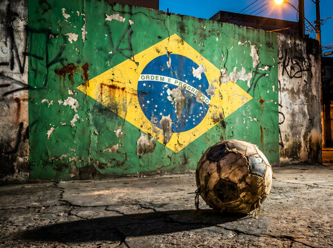 Grunge brazil flag and old soccer ball on urban wall at night grunge soccer ball
