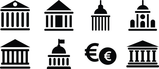 Black silhouette icons of various government buildings and euro currency symbols © MDmamun