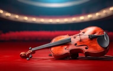 Fototapeta premium Broken Violin Lying on Deserted Stage with Snapped Strings in Empty Theater