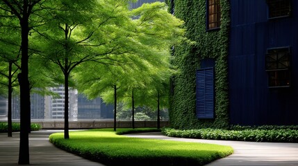 Fototapeta premium Green trees in front of an apartment building, urban landscaping, residential environment, real estate exterior, summer city scene.