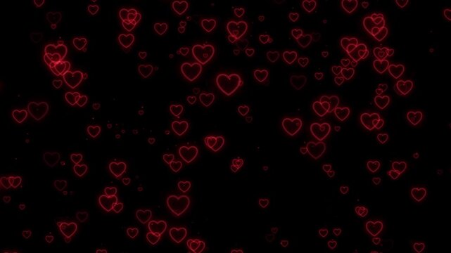 Red neon heart background glowing outline shapes, dark dreamy, soft love particles. Valentine romantic reels, wedding intros, anniversary slides, music visuals, emotional messages, motion overlays.