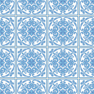 Seamless pattern of traditional blue and white ceramic tiles