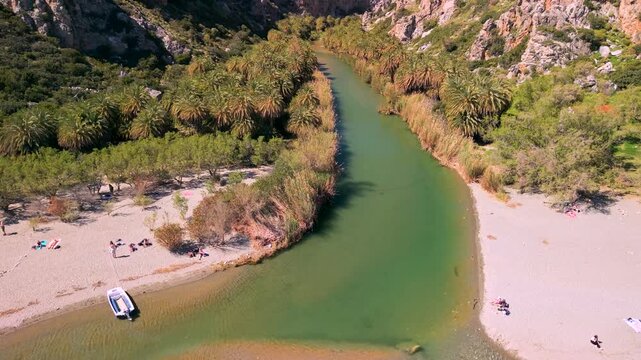 Aerial view of Preveli beach and palm river in Crete, Greece. Drone top down over transparent sea flying to sandy beach and along tropical river canal in deep rocky canyon. Exotic landscape, 4k.