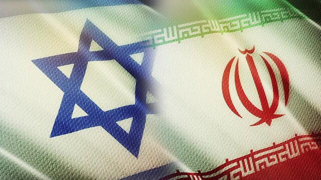 Israel and Iran Flags Waving Side by Side in Wind &ndash; Geopolitics, Diplomacy and International Relations Concept
