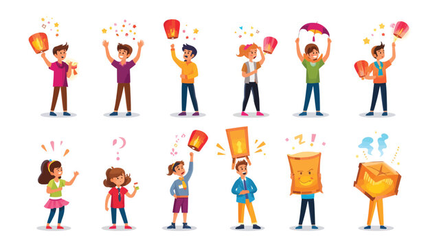Lanterns in the Air: Illustrative depiction of a collection of people joyfully releasing lanterns into the sky, celebrating with expressive gestures, full of celebratory mood.
