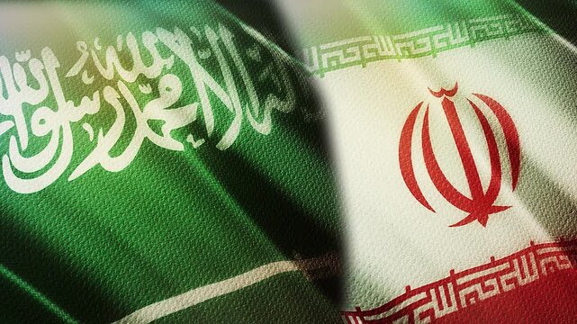 Saudi Arabia and Iran Flags Waving Side by Side in Wind &ndash; Middle East Diplomacy and Geopolitical Relations
