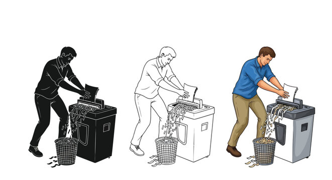 Professional man using a paper shredding machine to dispose of sensitive office documents in a bin