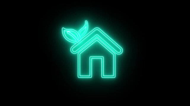 Glowing sky and blue neon home icons, shiny symbols, and a glowing effect signboard. Glowing purple and blue neon light on a brick wall background. Neon home panoramic. Social media communication