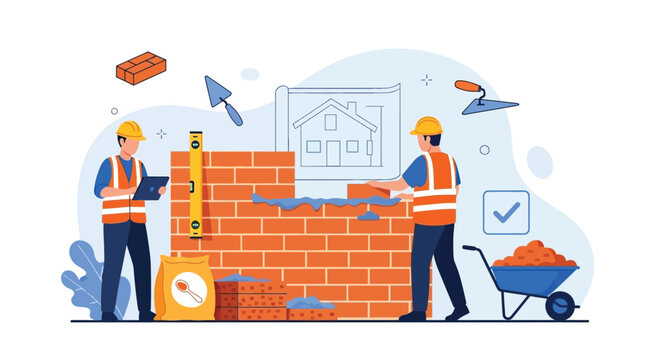 Construction workers building a brick wall for a new house project using various tools and materials.