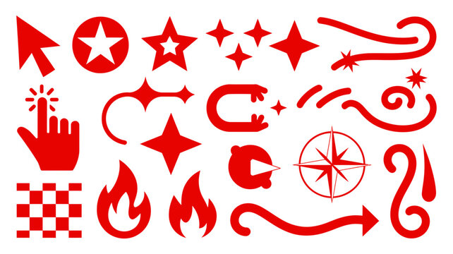 Red graphic elements including cursor stars fire compass swirls with illustration collection multiple