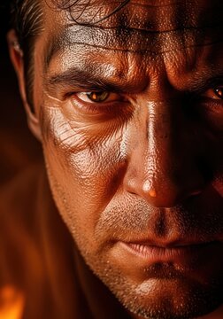 Intense male portrait features rugged textures and dramatic warm lighting.