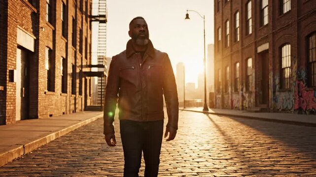 Man walking on cobblestone street at sunset with brick buildings