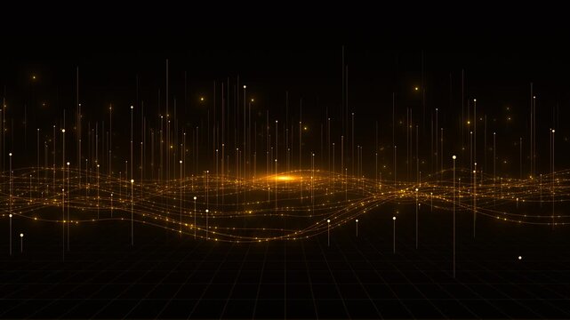 Golden data wave network landscape glowing grid, signal lines, bright nodes, and dark futuristic depth. for finance , technology intros, analytics dashboards, ledger visuals, and digital overlays.