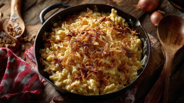 Traditional K&auml;skn&ouml;pfle (Alpine cheese spaetzle), soft homemade egg noodles coated in melted mountain cheese, topped with crispy golden fried onions