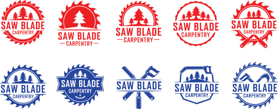 Saw blade carpentry emblems with trees and tools in red and blue colors.