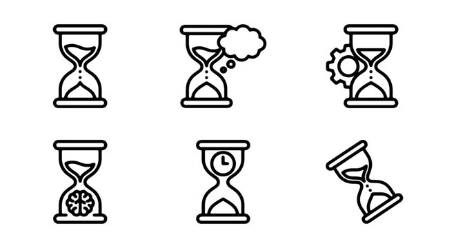 Collection of hourglass icons in various designs and styles for time management and concept