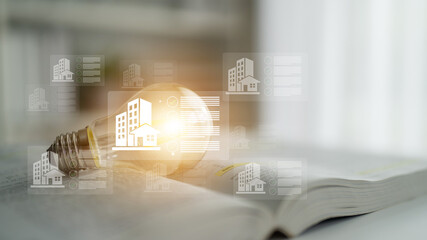 Naklejka premium A bright light bulb rests on an open book, symbolizing creativity and innovation in learning, with urban illustrations overlaying, representing modern real estate insights. Gantry