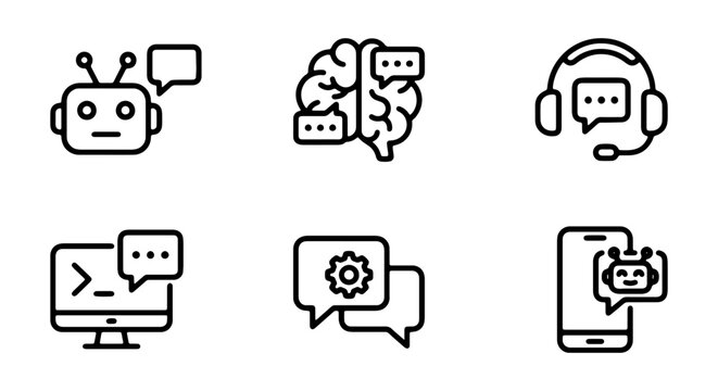 Collection of chat bot and customer service icons in line style for interface design