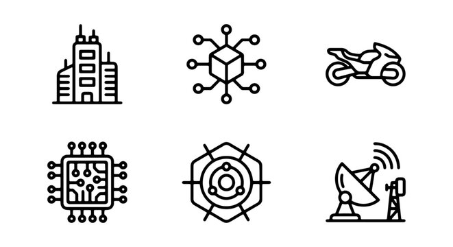 A set of six line icons depicting various technological and transportation concepts in a simple style