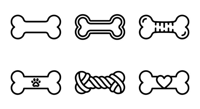 Collection of dog bone icons in various designs and styles for pet or animal related concepts