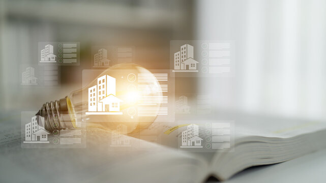 A bright light bulb rests on an open book, symbolizing creativity and innovation in learning, with urban illustrations overlaying, representing modern real estate insights. Gantry