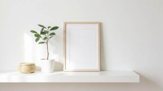 Wooden picture frame on a white shelf with a plant and basket