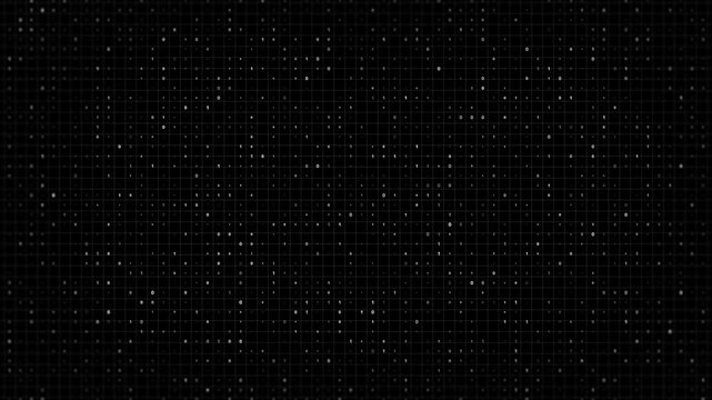 Black binary code matrix background white digits, grid texture, and dense digital pattern. programming videos, cyber security intros, data screens, software explainers, hacking scenes, tech overlays.