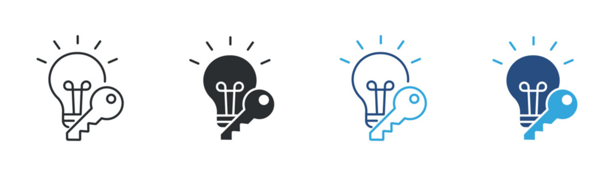 Idea security icon set. light bulb with key symbol. innovation protection and access concept. vector illustration.