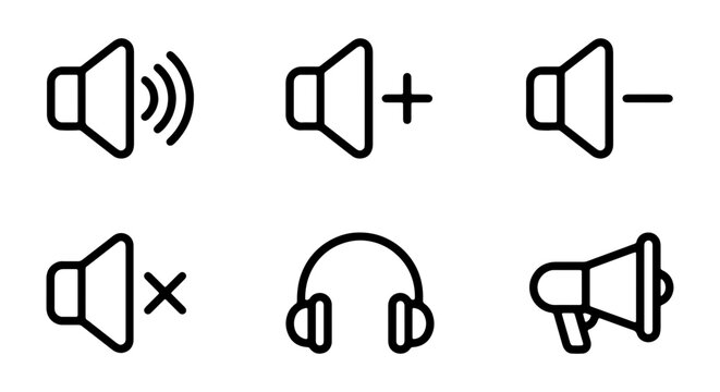 Black and white line icons of various audio and sound symbols