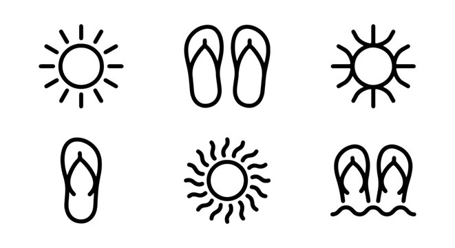 A set of six black line icons depicting flip flops and suns
