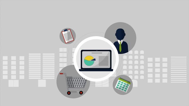 Digital Marketing Concept Animation with Popping Laptop and Business Icons Seamless Loop