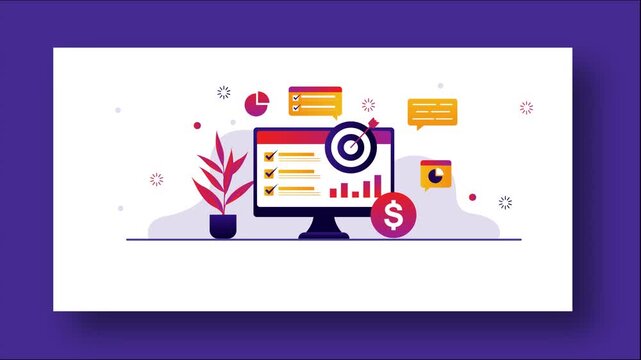 Business Goal Achievement Animation: Computer Monitor with Target and Financial Icons Seamless Loop