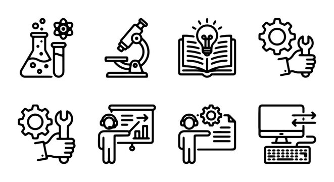 A set of eight line icons depicting various science and technology concepts