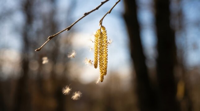 Birch catkins releasing pollen in the spring forest