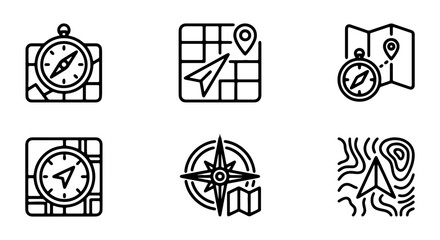 Collection of navigation icons including compass, map, and location symbols for travel and direction © Suriya