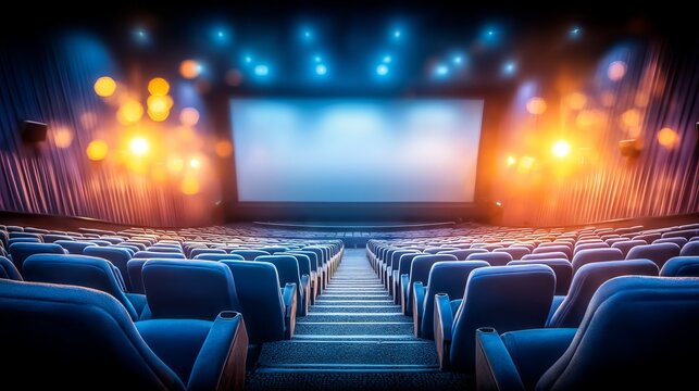 Interior of a modern cinema auditorium with tiered seating and screen