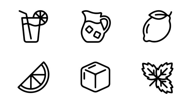 A set of six line icons depicting refreshing summer elements including a drink with a lemon slice, a pitcher, a peach, a lemon wedge, an ice cube, and mint leaves