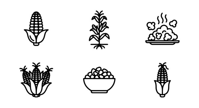 Black and white corn icons including corn on the cob, bowl of corn, and corn plant