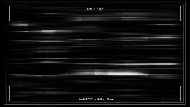 Black camera recording glitch overlay viewfinder frame, horizontal scan streaks, timer display, dark surveillance style. film videos, security intros, tech screens, mystery scenes, cinematic edits.