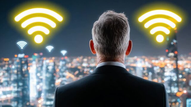 Connectivity Visionary: A distinguished businessman gazes out at the city skyline, illuminated by glowing wifi symbols, representing his far-reaching connectivity vision.