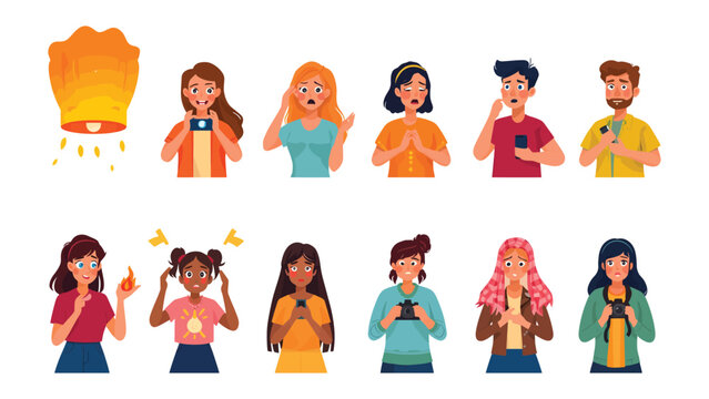 People's Reaction with Lantern: A collection of diverse individuals, engrossed in their smartphones, react with varied emotions as they observe a floating lantern in the sky.