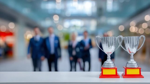 Two Trophies in Focus: A team of executive appear behind the trophies they earn for success as two silver trophies gleam in the foreground. 