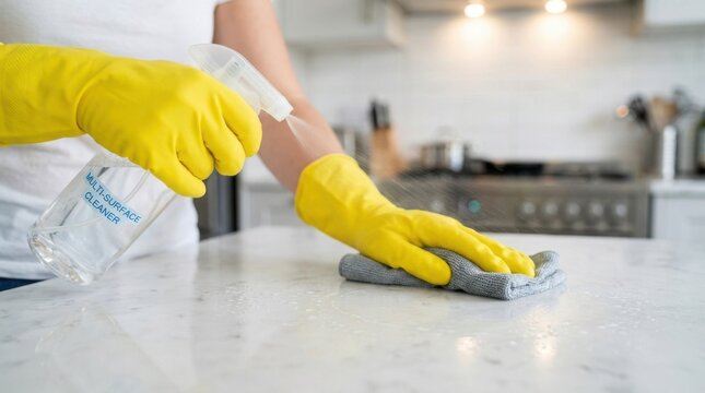 Person wearing yellow rubber gloves cleaning a kitchen countertop
