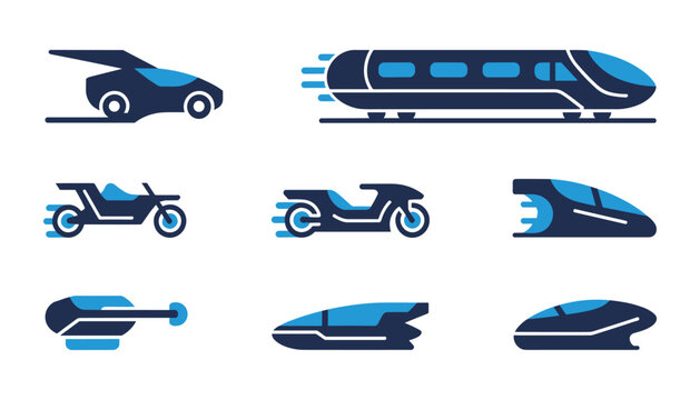 Futuristic transportation vector icons cars trains scooters high speed vehicles