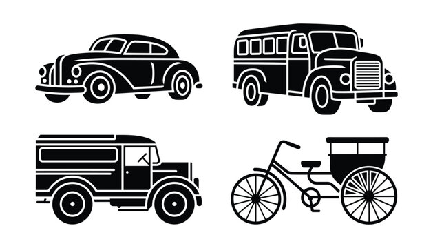 Vintage transport vector icons classic cars buses vans bicycles