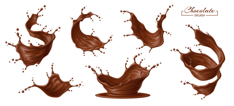 Chocolate splash and flow waves. Realistic 3d vector coffee and cocoa crown waves, tornado swirls with drops. Brown sweet liquid dessert streams, splashing with droplets for product promotions and ads