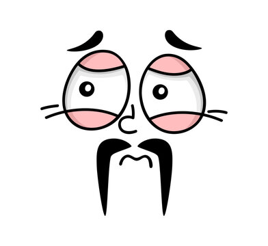Cartoon exhausted face emotion, unhappy and sad emoji expression with moustaches. Upset character with red, puffy eyes, drooping brows and long black mustache. Vector face for educational materials